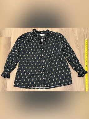 M.A.B.E MABE Blouse Small S Black Floral Cotton Ruffle Puff Sleeve Boho Top